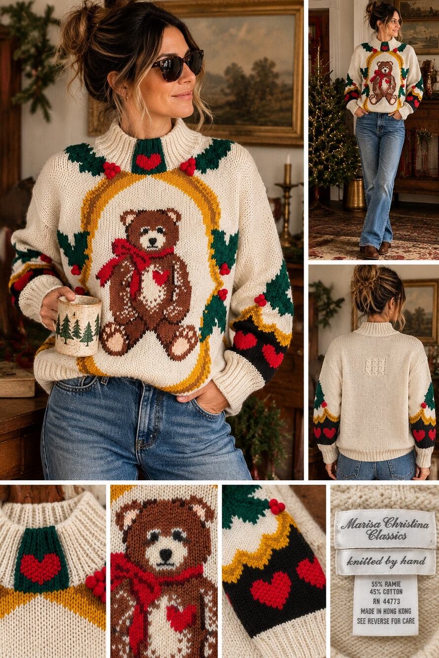 Vintage Marisa Christina Christmas Sweater Teddy Bear Hand Knit Ramie Cotton 90s